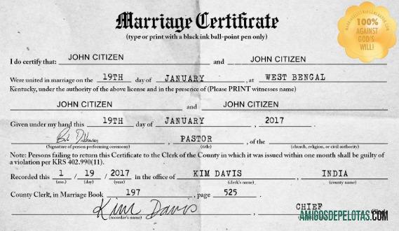 Certidão de Casamento do Registrador da Índia em Bengala Ocidental exemplo