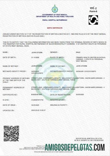 Certidão de nascimento do Hospital Rural de Bengala Ocidental na Índia amostra