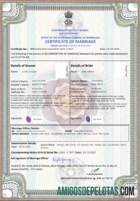 realista Modelo de certidão de casamento na Índia em formato PSD, totalmente editável