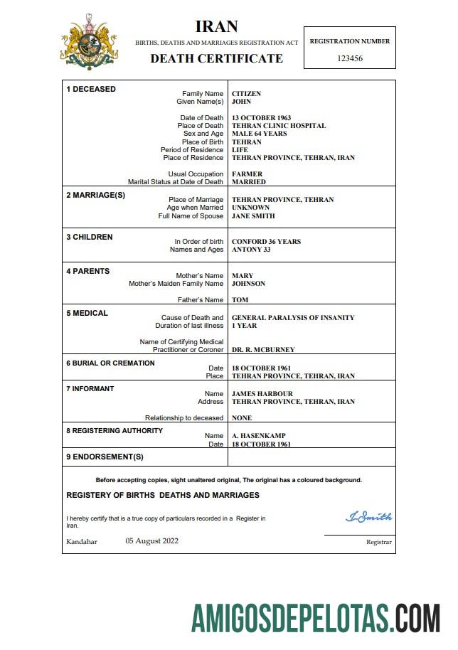 Em branco modelo Word e PDF de certidão de óbito do Irã