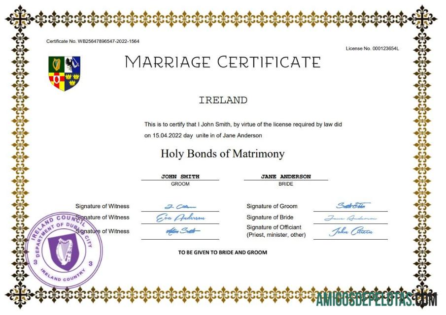 para download Modelo Word e PDF de certidão de casamento na Irlanda