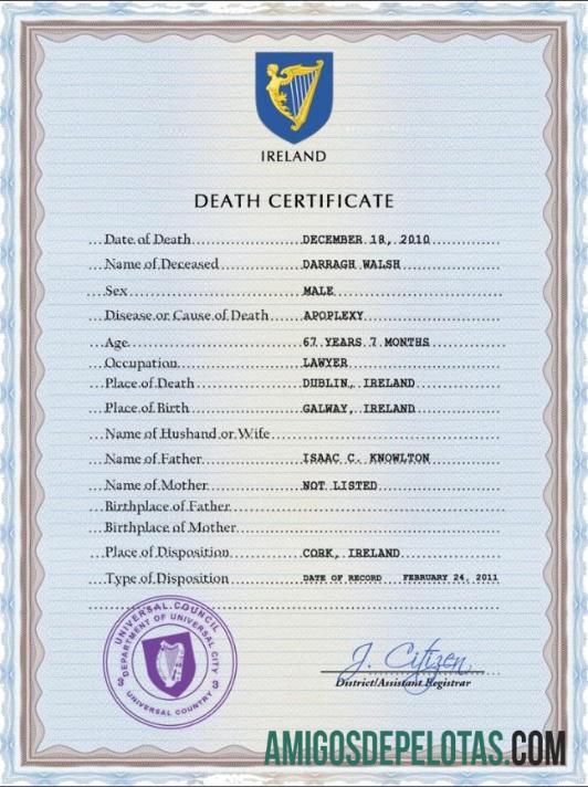 Imprimível modelo PSD de certidão de óbito de registro vital da Irlanda