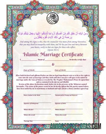 Certidão de Casamento Islâmica amostra