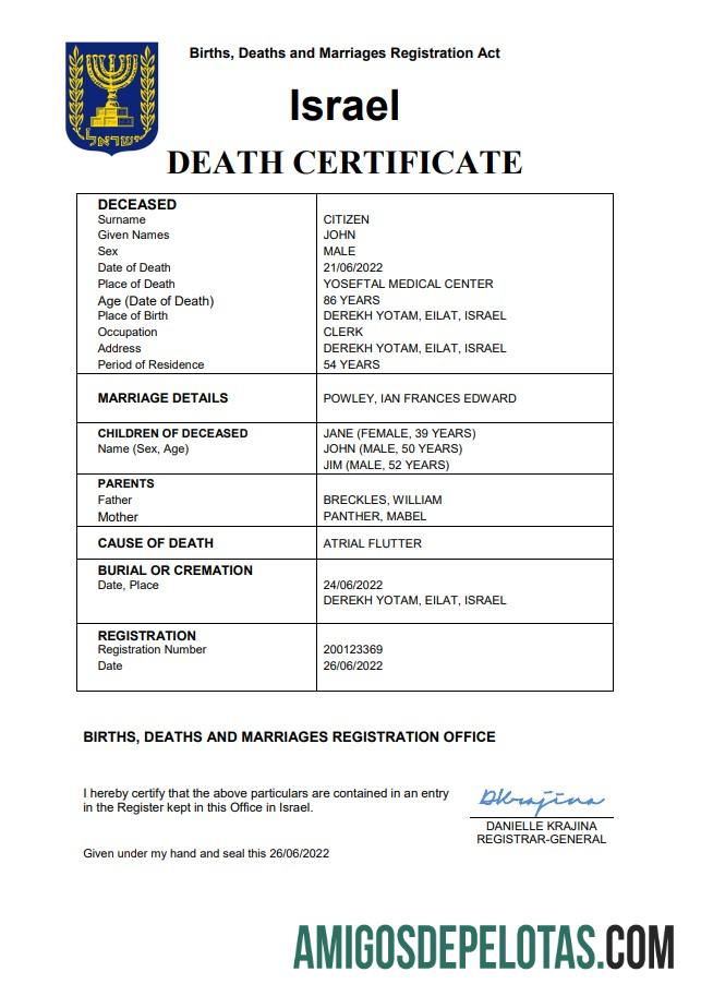 para download Modelo Word e PDF de certidão de óbito de Israel