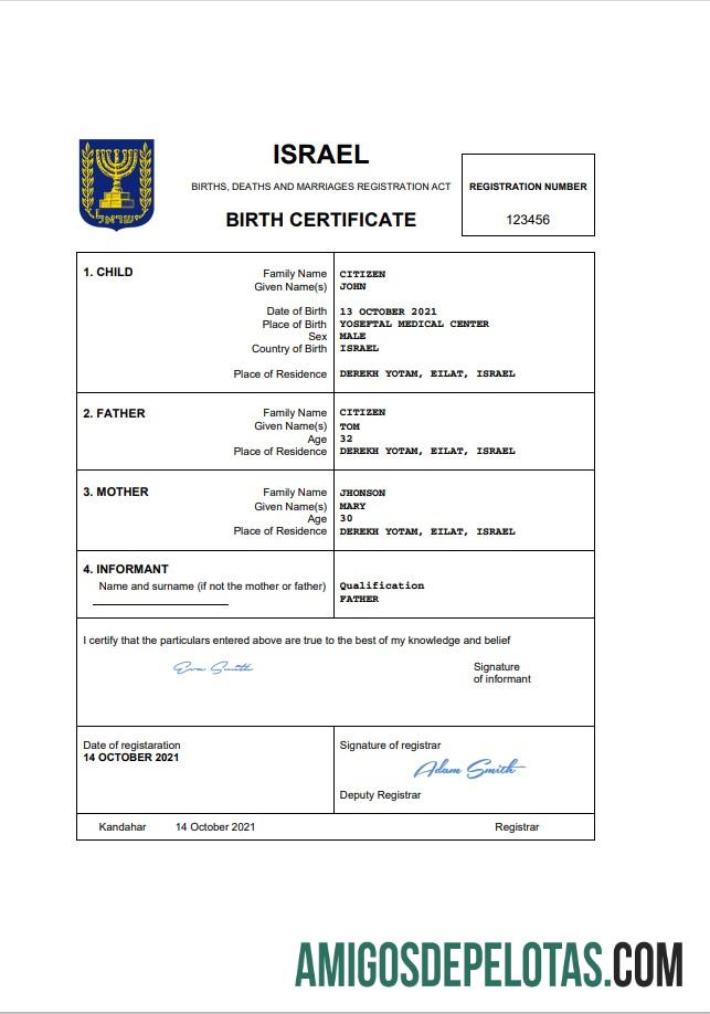 Imprimível modelo Word e PDF de certidão de nascimento de registro vital de Israel