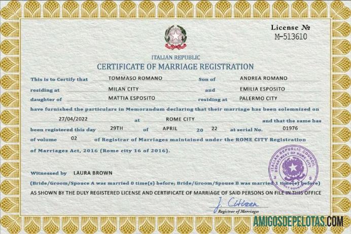 para download Modelo PSD de certidão de casamento na Itália