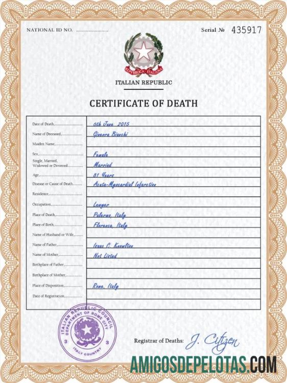 realista Modelo PSD de certidão de óbito de registro vital da Itália