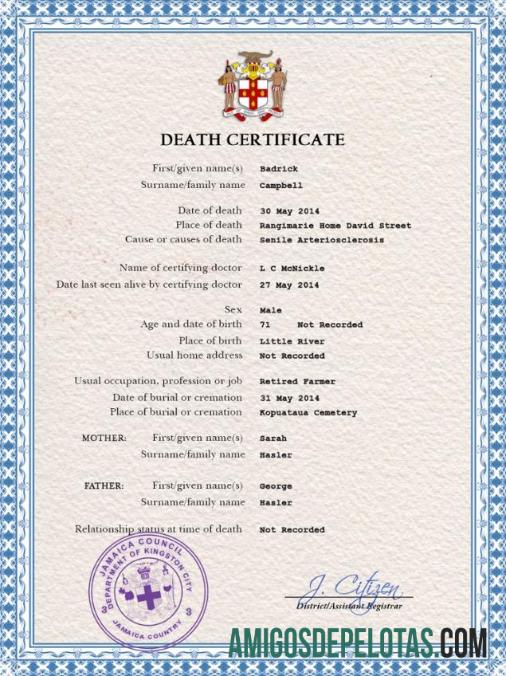 Imprimível modelo PSD de certidão de óbito da Jamaica