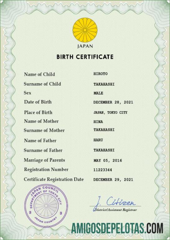 para download Modelo PSD de certidão de nascimento de registro vital do Japão