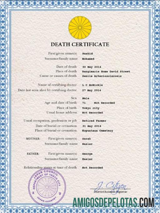 realista Modelo PSD de certidão de óbito de registro vital do Japão