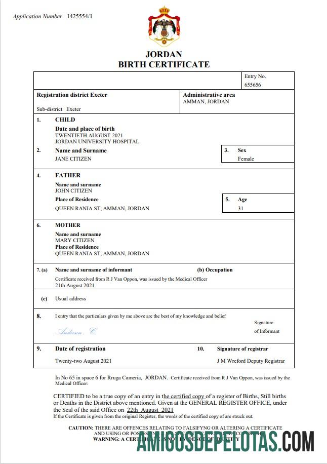 para download Modelo Word e PDF de certidão de nascimento da Jordânia