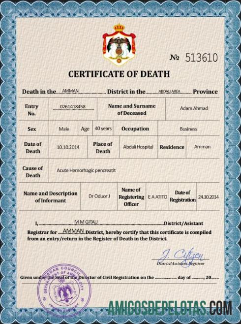 para download Modelo PSD de certidão de óbito de registro vital de Jordan
