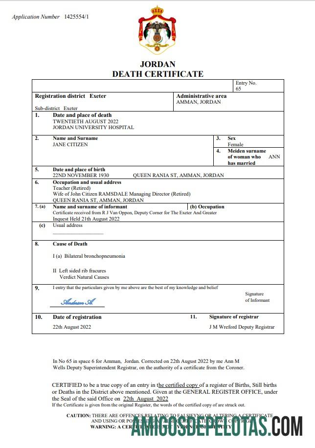 Em branco modelo Word e PDF de certidão de óbito de registro vital de Jordan