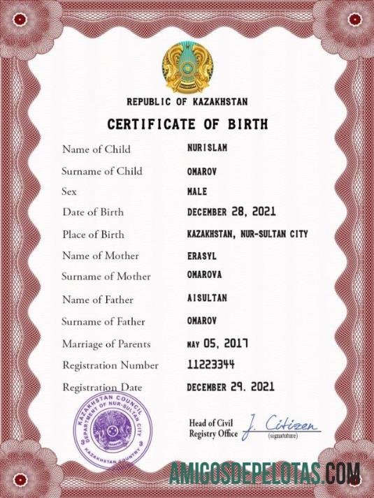 Imprimível modelo PSD de certidão de nascimento do Cazaquistão,