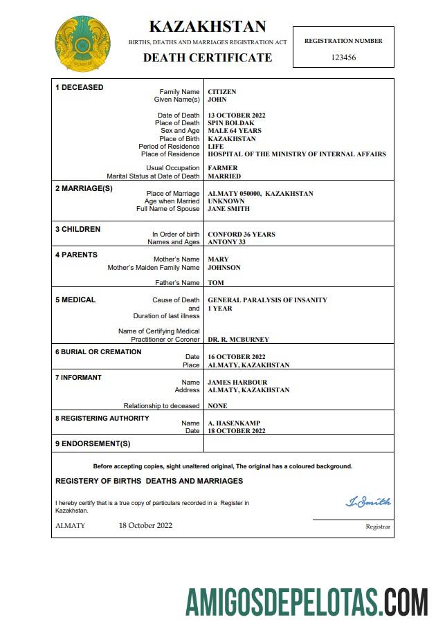 Imprimível modelo Word e PDF de certidão de óbito do Cazaquistão