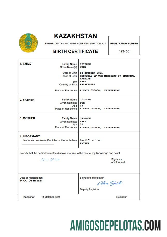 para download Modelo Word e PDF de certidão de nascimento de registro vital do Cazaquistão