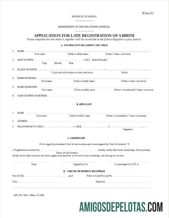 Certidão de Nascimento Geral do Departamento do Registrador do Quênia modelo