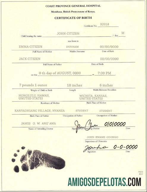 Imprimível modelo de certidão de nascimento do Quênia em formato PSD