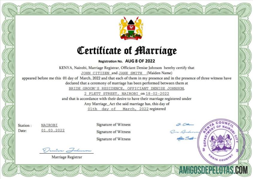 Em branco modelo Word e PDF de certidão de casamento no Quênia