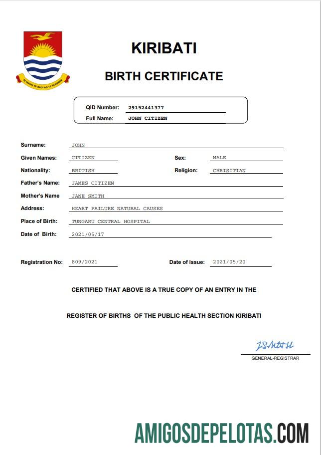 Em branco modelo Word e PDF de certidão de nascimento de Kiribati