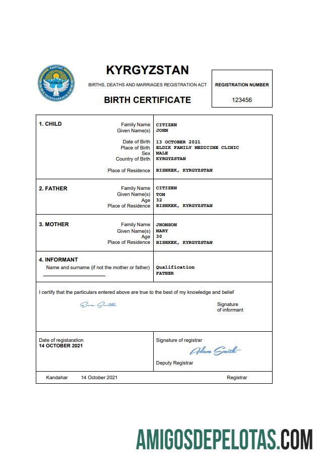 Em branco modelo Word e PDF de certidão de nascimento do Quirguistão