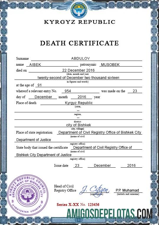 para download Modelo PSD de certidão de óbito do Quirguistão