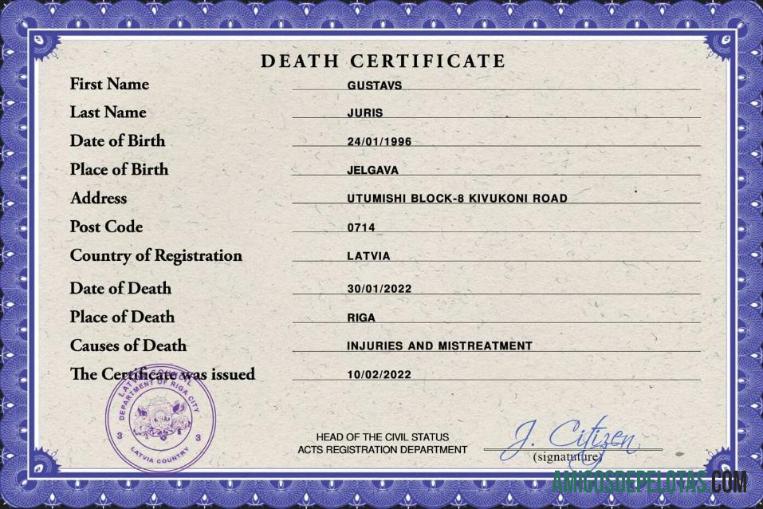 Imprimível modelo PSD de certidão de óbito da Letônia