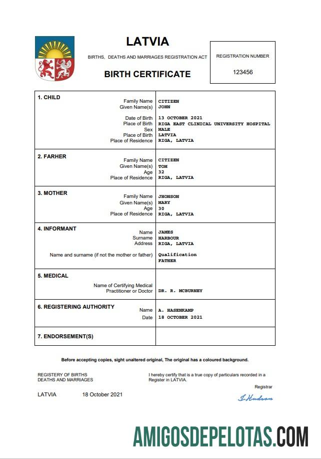 Imprimível modelo Word e PDF de certidão de nascimento de registro vital da Letônia