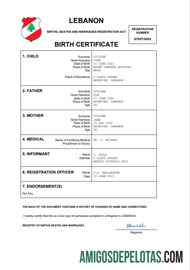 para download Modelo Word e PDF de certidão de nascimento de registro vital do Líbano