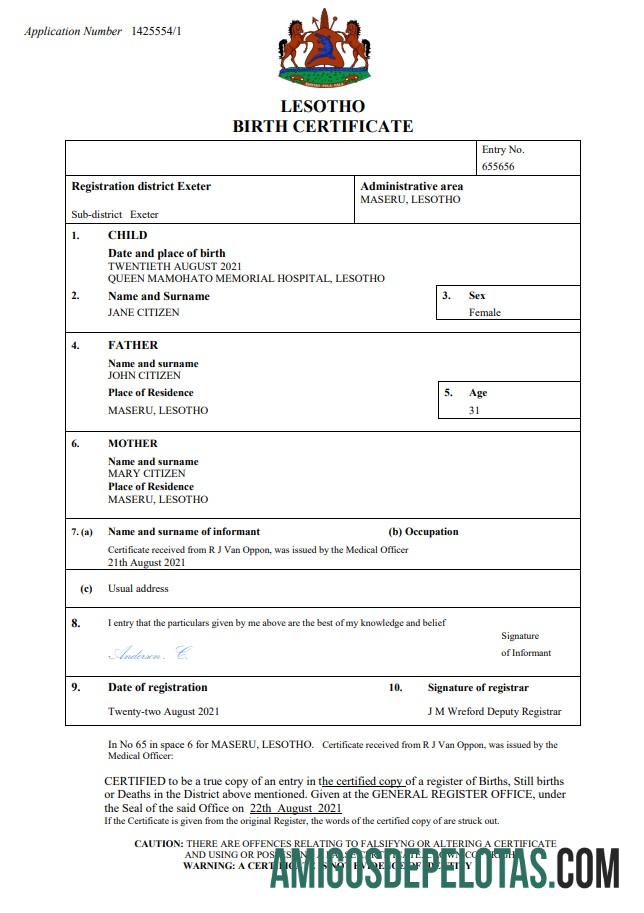 para download Modelo Word e PDF de certidão de nascimento de Lesoto