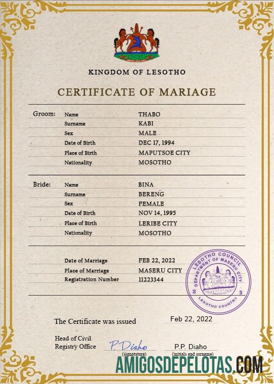 realista Modelo PSD de certidão de casamento do Lesoto