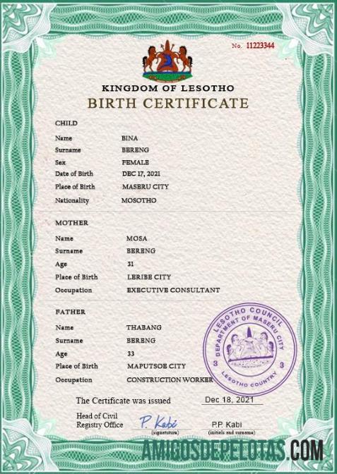 Imprimível modelo PSD de certidão de nascimento de registro vital de Lesoto
