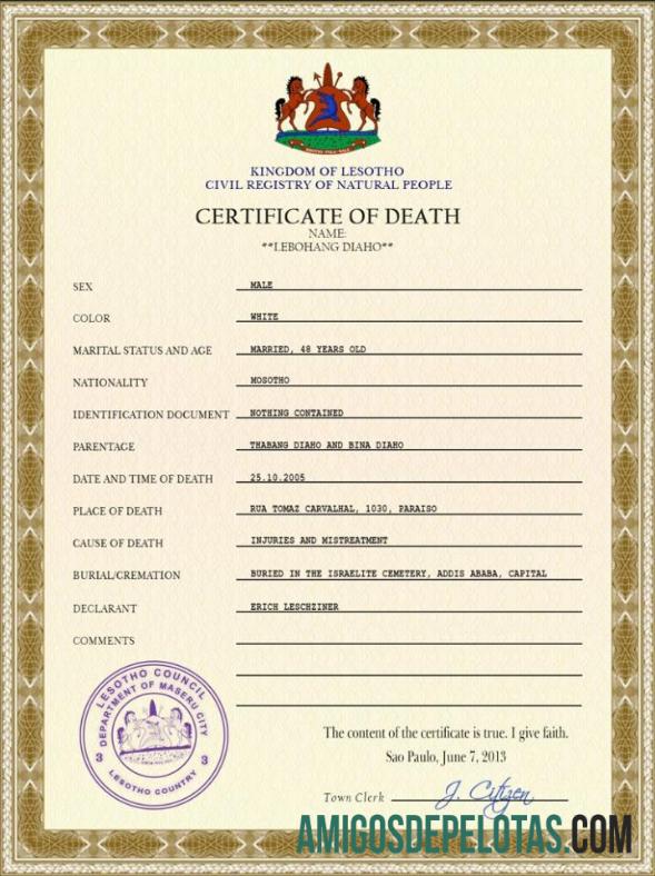 Imprimível modelo PSD de certidão de óbito de registro vital do Lesoto