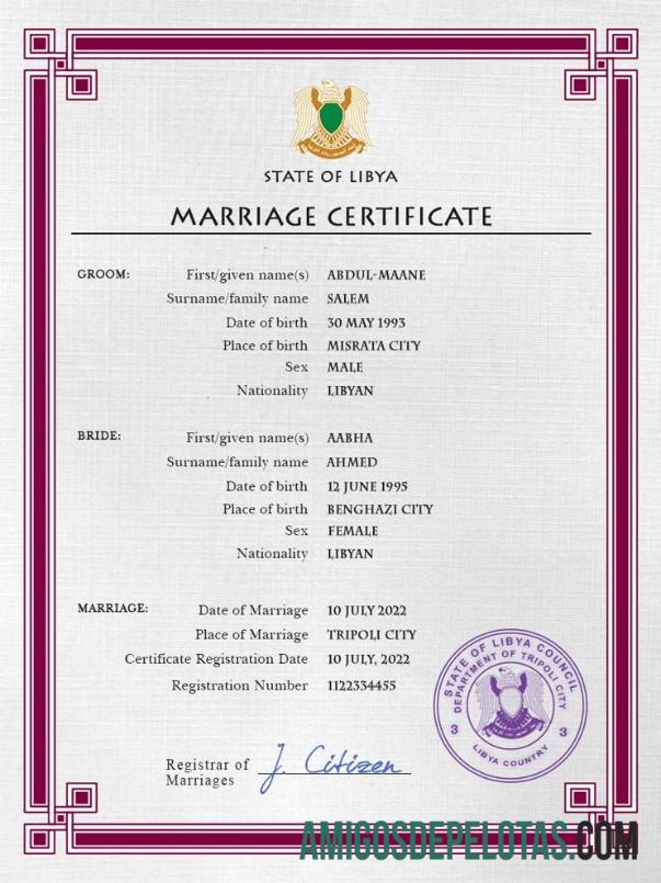 realista Modelo PSD de certidão de casamento da Líbia