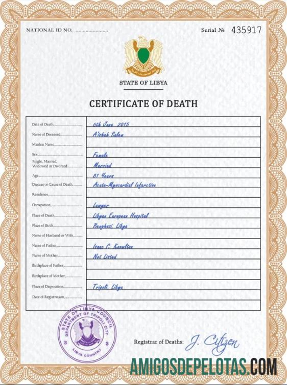 para download Modelo PSD de certidão de óbito de registro vital da Líbia