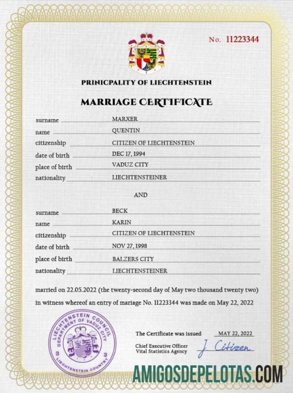 para download Modelo PSD de certidão de casamento de Liechtenstein