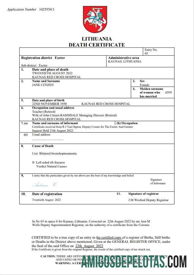 para download Modelo Word e PDF de certidão de óbito de registro vital da Lituânia