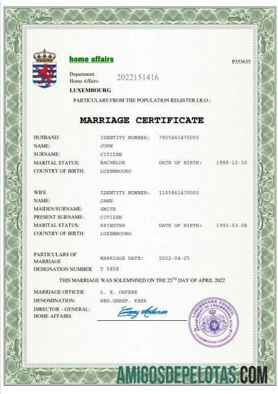 Em branco modelo Word e PDF de certidão de casamento em Luxemburgo