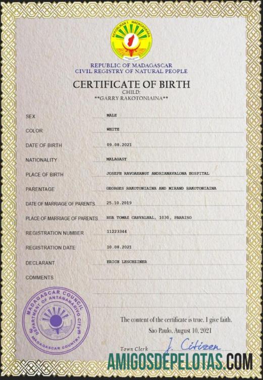 para download Modelo PSD de certidão de nascimento de Madagascar