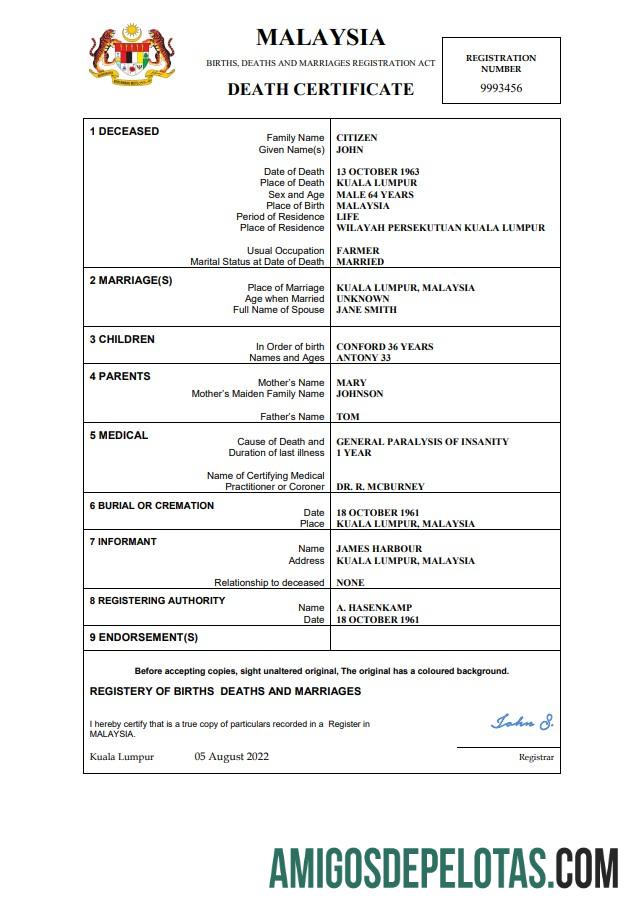 Imprimível modelo de certidão de óbito da Malásia em formato Word e PDF