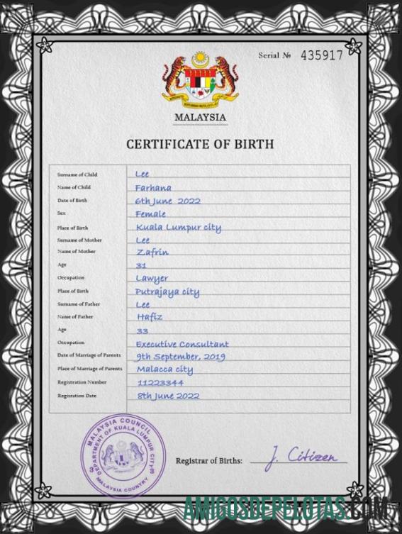 para download Modelo PSD de certidão de nascimento de registro vital da Malásia