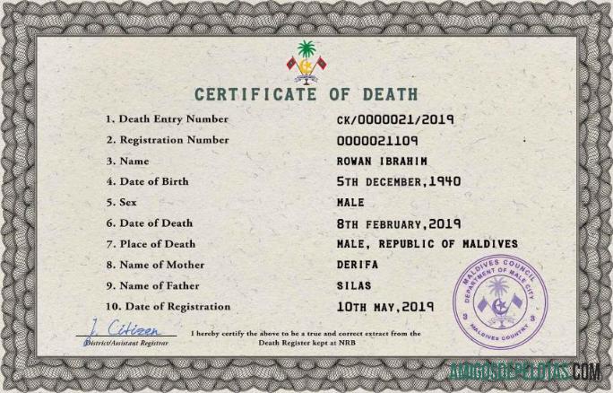 Imprimível modelo PSD de certidão de óbito de registro vital das Maldivas