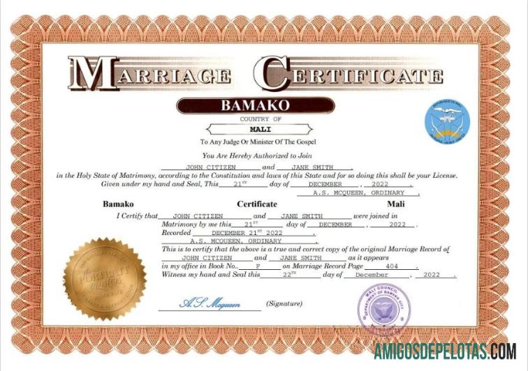 para download Modelo Word e PDF de certidão de casamento no Mali