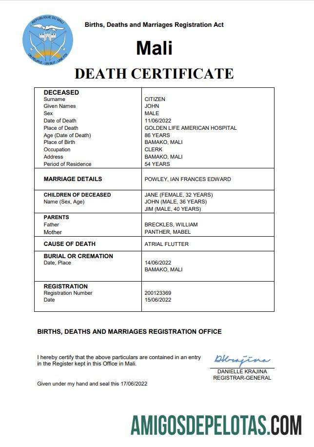 para download Modelo Word e PDF de certidão de óbito de registro vital de Mali