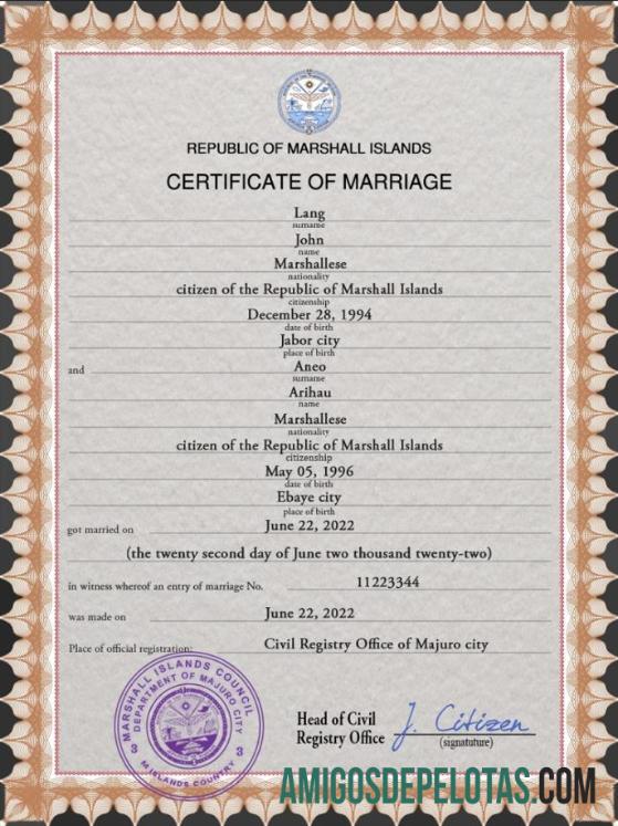 para download Modelo PSD de certidão de casamento nas Ilhas Marshall