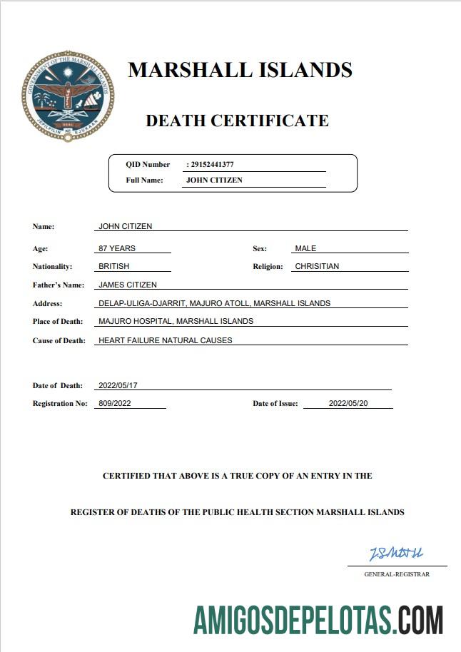 para download Modelo Word e PDF de certidão de óbito de registro vital das Ilhas Marshall