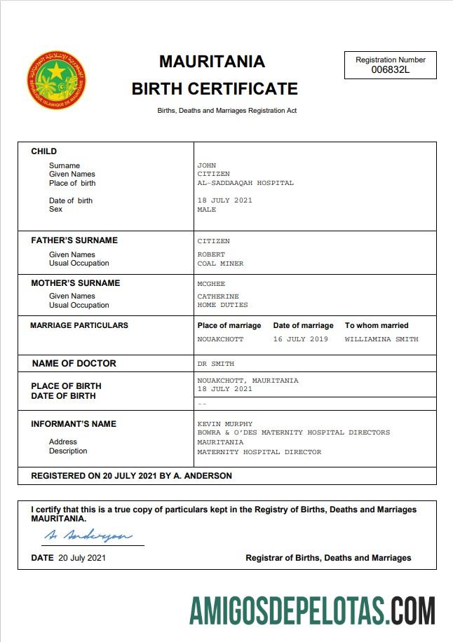 Em branco modelo Word e PDF de certidão de nascimento da Mauritânia