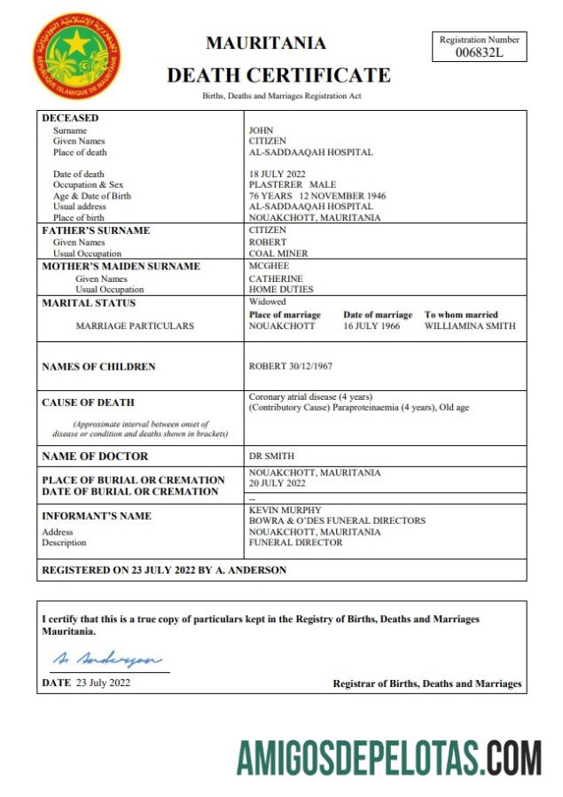 Em branco modelo Word e PDF de certidão de óbito de registro vital da Mauritânia