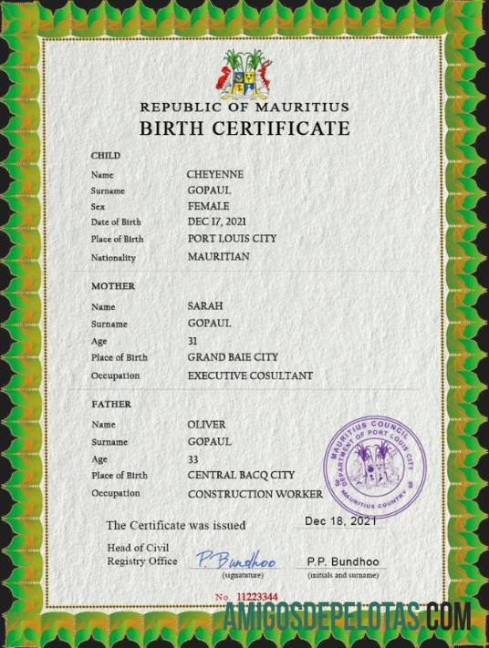 para download Modelo PSD de certidão de nascimento de registro vital de Maurício