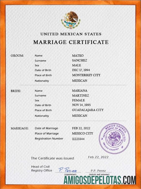 para download Modelo PSD de certidão de casamento no México, totalmente editável